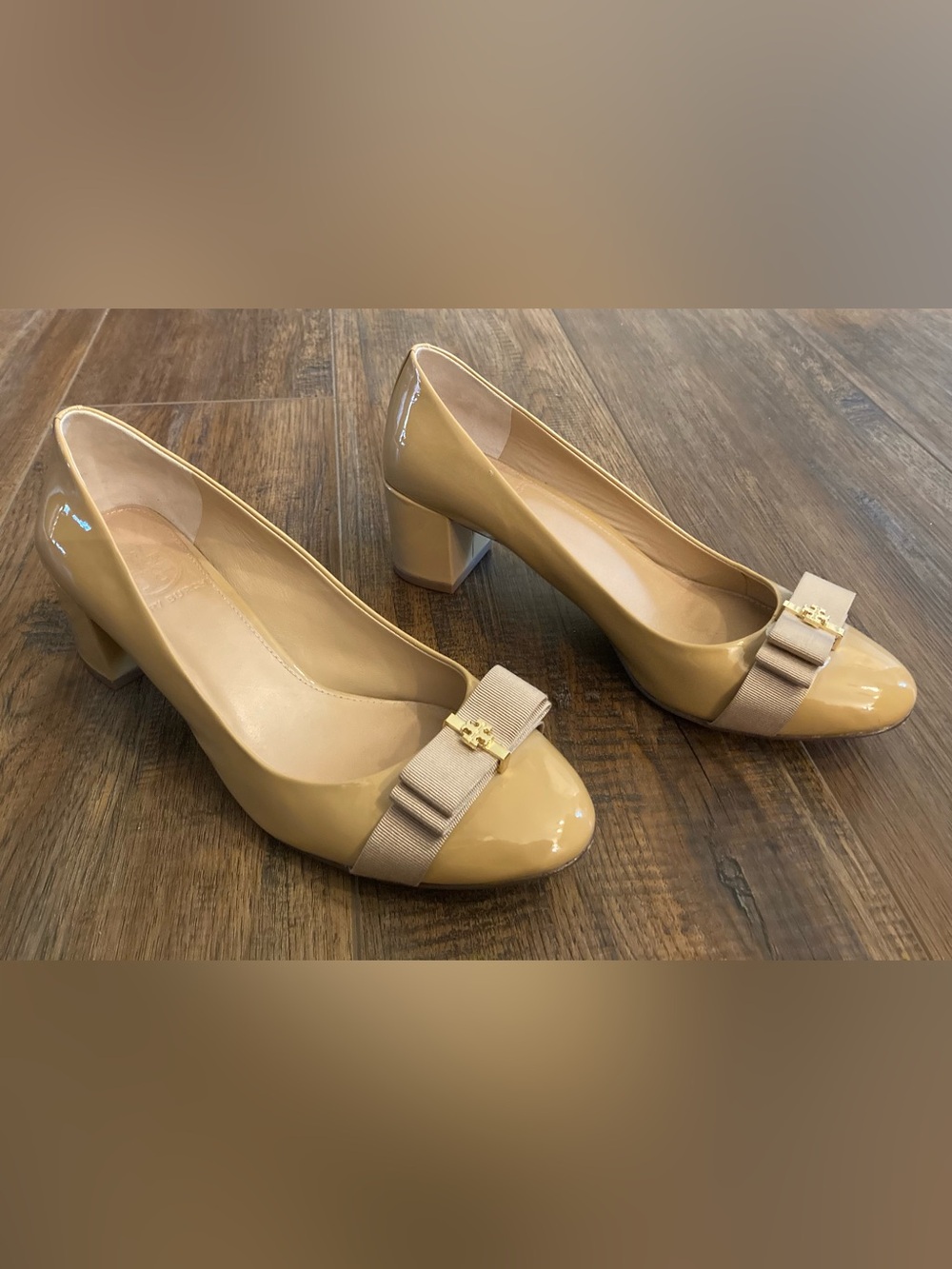 Tory Burch Trudy Nude Patent Leather Block Heel Pumps